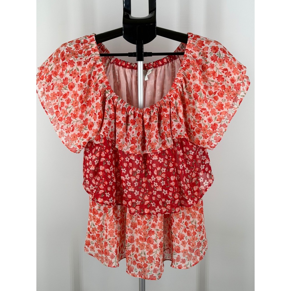 Est. 1946 Red Pink Floral‎ Tiered Ruffle Off Shoulder Blouse Top Large